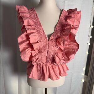Pink Ruffled Sleeveless Blouse with Smocked Details